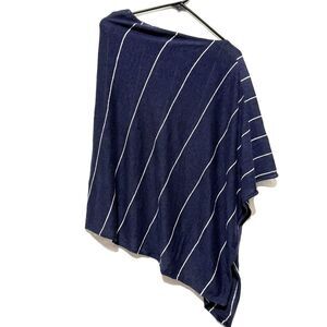 Eileen Fisher Organic Linen Striped Asymmetrical Poncho Top Navy Blue White OS